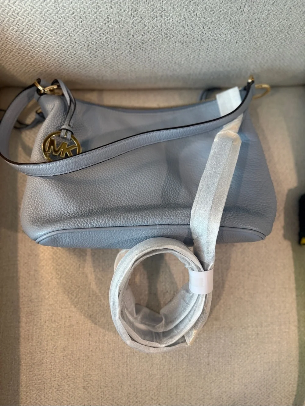 Michael Kors Pale Blue Pebbled Leather Shoulder Bag with Gold Tone Hardware